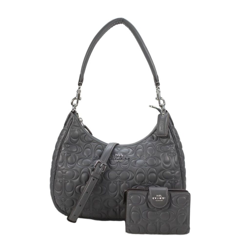 Coach Womens Signature Leather Terry Hobo Shoulder Handbag Grey